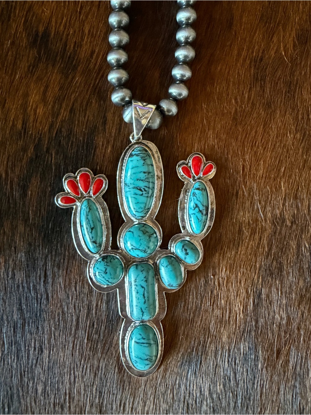Western Boutique Silver Turquoise Red Large Cactus Pendant Necklace Navajo NEW - Picture 2 of 8